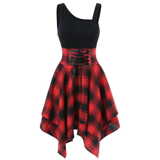 Mode Femmes Sans Manches Épaule Froide Croix Dentelle jusqu'à Plaid Imprimé Robe Irrégulière