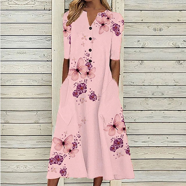 TIMIFIS Robe Florale Bohème Ample Décontractée d'Automne pour Femmes avec Poches, Manches Courtes, Longue Maxi, Robe Évasée d'Été pour la Plage, Robes d'Invitée de Mariage d'Automne