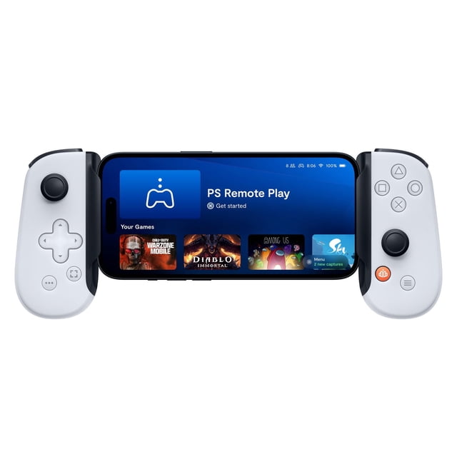 Backbone One - PlayStation Edition (USB-C) mobile gaming controller in white attached to an iPhone 15 displaying the PS Remote Play app with game icons for Call of Duty Warzone Mobile, Diablo Immortal, Among Us, and Sky, showing front-facing ultra-wide analog triggers, responsive D-pad, and buttons designed for iPhone 15 and Android devices.