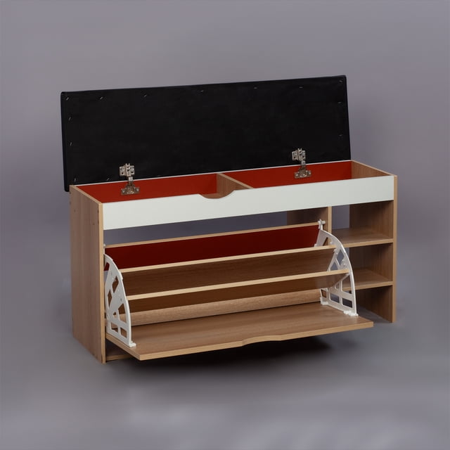 SOCE012 - Craftsman Shoe Storage Bench with Long Bench Seat designed for organizing shoes and providing functional seating. Crafted from MDF and faux leather, it features a wood and white color combination with a modern look. Includes a spacious storage compartment, shoe rack, and versatile design, perfect for entryways, bedrooms, or closets as a shoe organizer or entryway bench.