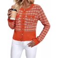 thumbnail image 3 of Femmes - Blazer à Carreaux Chic Décontracté Cardigan à Boutons devant Col Ras du Cou Manches Longues Vestes en Tricot Texturé Orange-Rouge P, 3 of 9