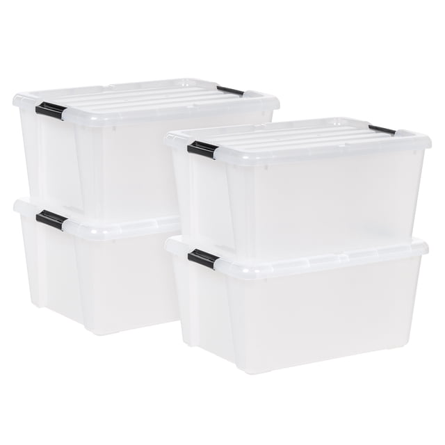 IRIS USA 42 L (45 Qt) Plastic Storage Bins with Lids, shown in a set of four. These clear, stackable totes feature secure black latching lids for dust protection and easy content identification. Ideal for organizing seasonal items, clothing, toys, or office supplies in closets, garages, or storage rooms.
