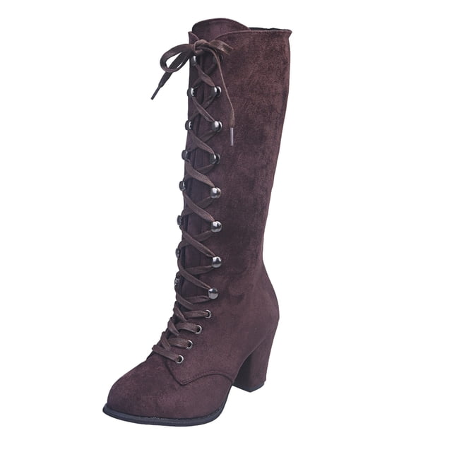 Bottes Rétro Vintage Décontractées pour Femmes, Bottes Mi-Mollet à Lacets Rétro pour Femmes, Chaussures à Talons Épais