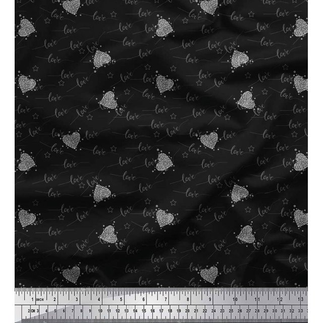 Soimoi Black Poly Georgette Fabric Heart & Love Text Fabric Prints By Yard 42 Inch Wide