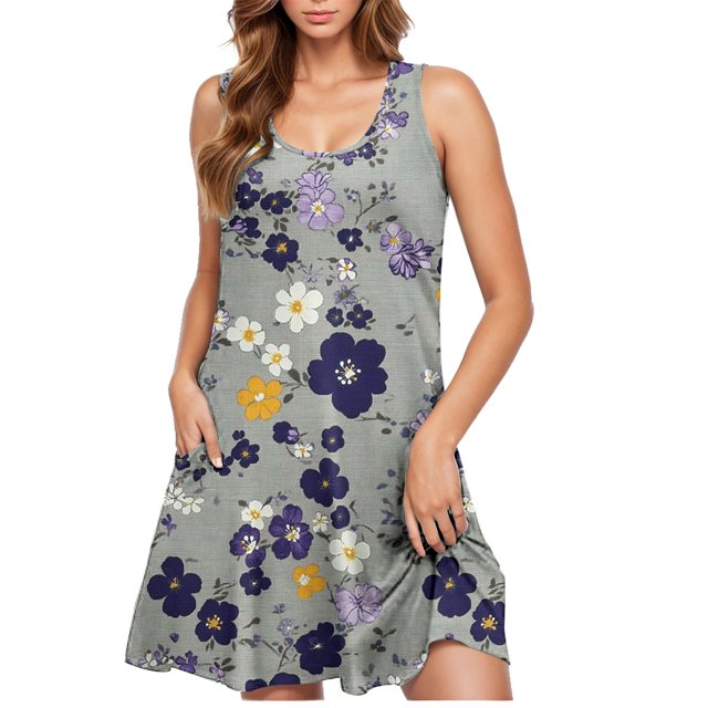 Ovzne Robes d'Été pour Femmes 2025 Robe d'Été Robe Décontractée pour Femme Dégradé Sans Manches Col Ras du Cou Robe à Imprimé Robe pour Femme Imprimée Liquidation