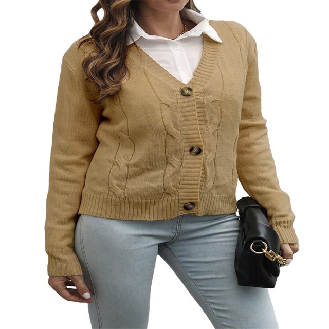 Women‘s Long Sleeve Cable Knit Sweater Open Front Cardigan Button Loose Outerwear Wheat Yellow S