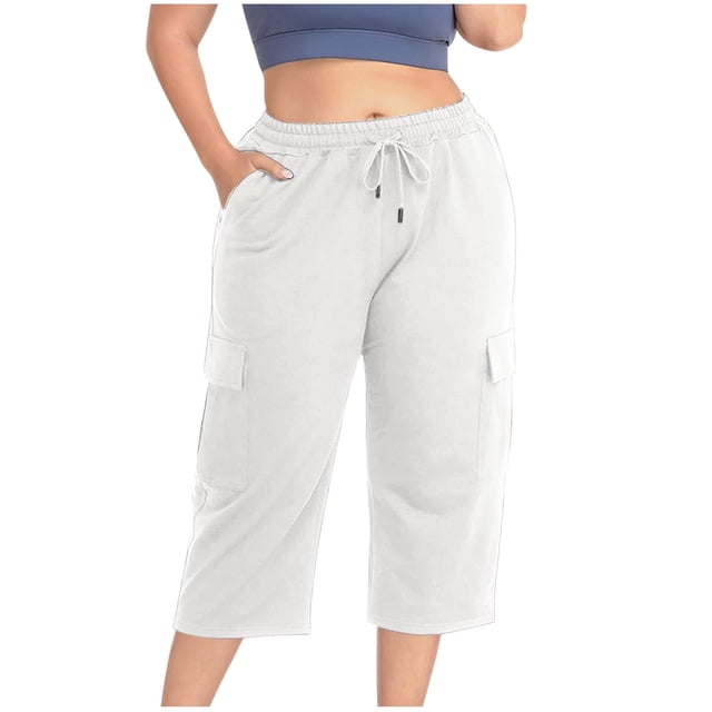 QATAINLAV Womens Capris with Pockets Plus Size Cotton Capri Yoga Pants Drawstring High Waisted Cropped Sweatpants Loose Fit Activewear White L Spring Savings