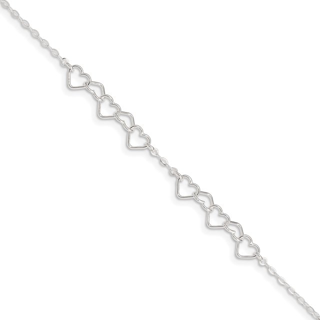 925 Sterling Silver 6mm Polished Fancy Heart Link Chain Anklet