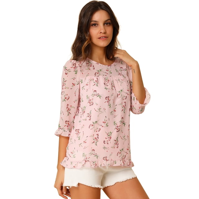 INSPIRE CHIC Blouse Fluide en Mousseline à Volants à Manches 3/4 à Imprimé Floral pour Femme