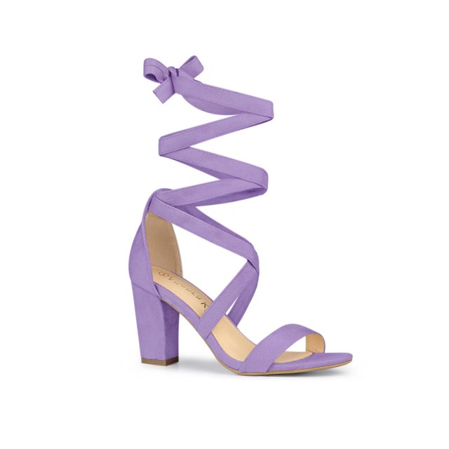 BLISSFUL STEP Women's Sandals Solid Color Mid Block Heels Lace up Sandals Purple 8