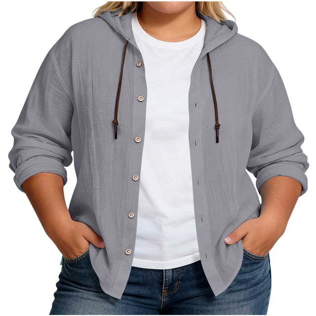 Wo-Fusoul Blouse for Women, Plus Size Long Sleeve Hooded Top with Button Front and Drawstring, Casual Solid Color Tunic