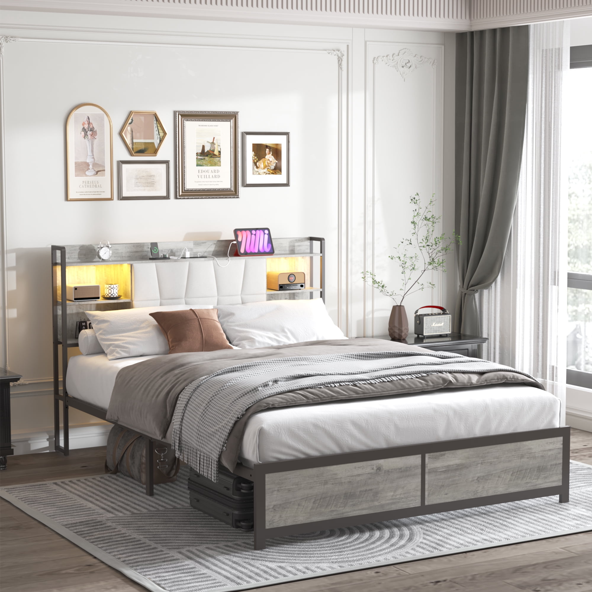 Noble House Queen Upholstered Platform Bed,LED Bookcase Headboard with Charging Station & Storage,Beige + White