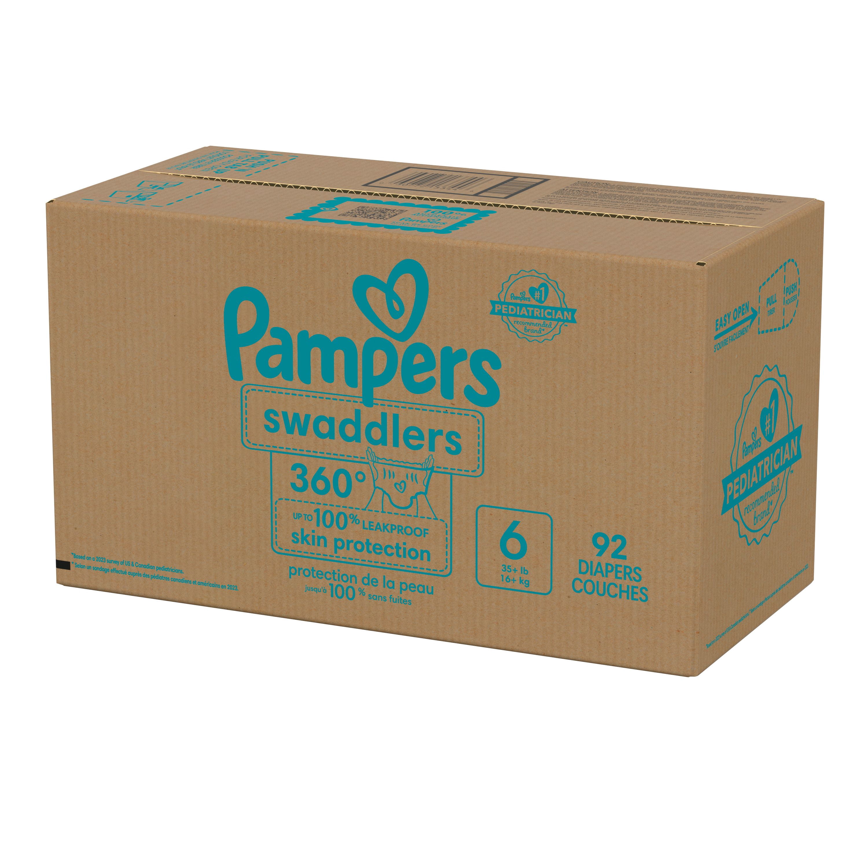 Pampers Couches - Swaddlers 360° - Taille 6, jusqu'à 100 % Anti-Fuites, Ajustement Confortable et au Sec, Attaches EZ Off Conçues pour des Changements Faciles, Couche à Enfiler