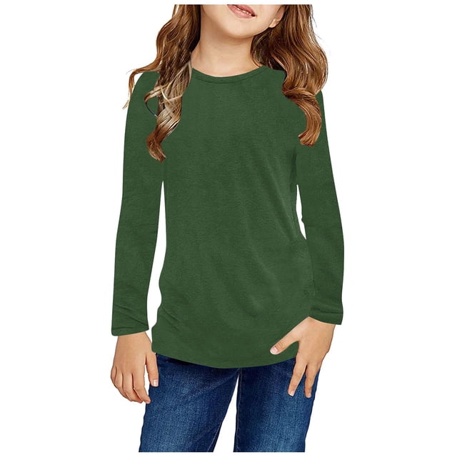 RXIRUCGD Chemises à Manches Longues pour Filles, Col Rond Mignon, Blouses Décontractées Habillées, Vert Armée, Taille : 4 Ans