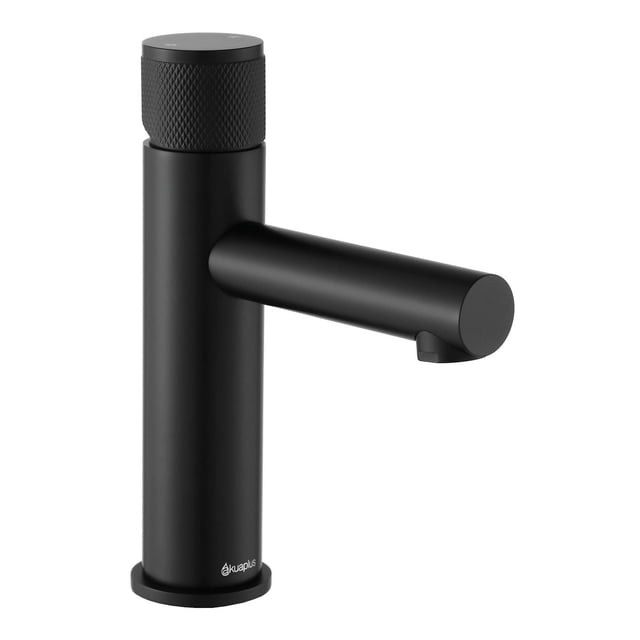 The akuaplus® Round Single-Hole Lavatory Faucet Claudia in solid brass with a matte black finish, featuring a cylindrical base and straight horizontal spout with a knurled top handle for grip. Includes NEOPERL aerator and water supply tubes, ideal for bathroom sink installation.