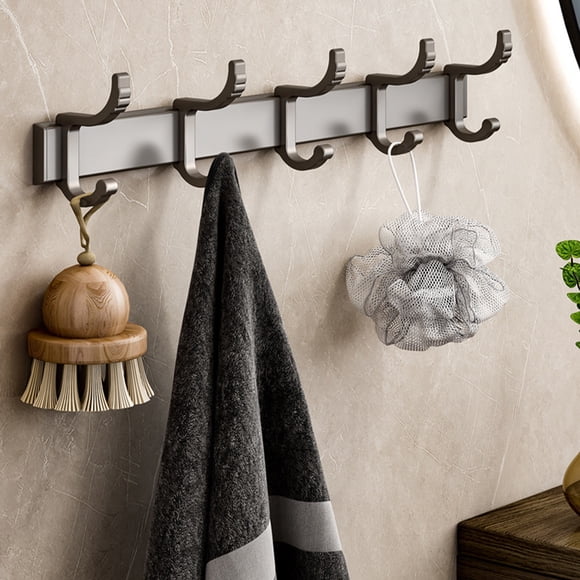 Wuztai Wall Mounted Coat Rack 5 Hooks, Heavy Duty Stainless Steel Aluminum Metal Hook Rail for Entryway Mudroom, Adhesive Towel Robe Hat Purse Hooks for Bathroom Kitchen Tile Glass Door
