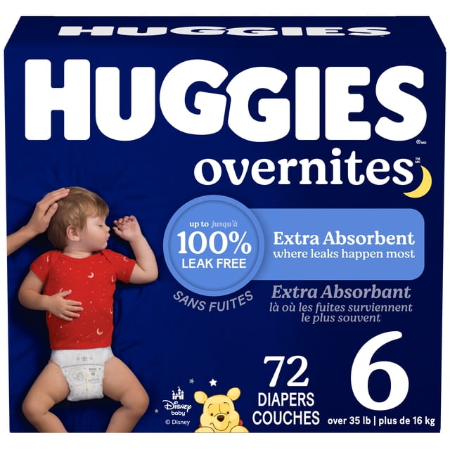 Huggies Overnites Nighttime Baby Diapers Size 6 package with a toddler wearing a red shirt and a white diaper featuring Disney Winnie the Pooh design, offering extra absorbent DryTouch liner for up to 12 hours of leak protection, 72 diapers for babies over 35 lbs (16 kg).