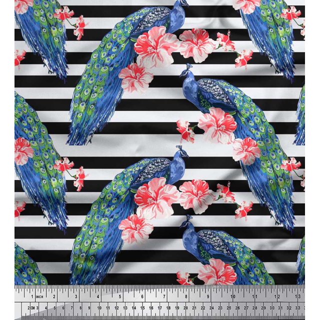 Soimoi Rayon Fabric Stripe,Floral & Peacock Bird Decor Fabric Printed Yard 56 Inch Wide