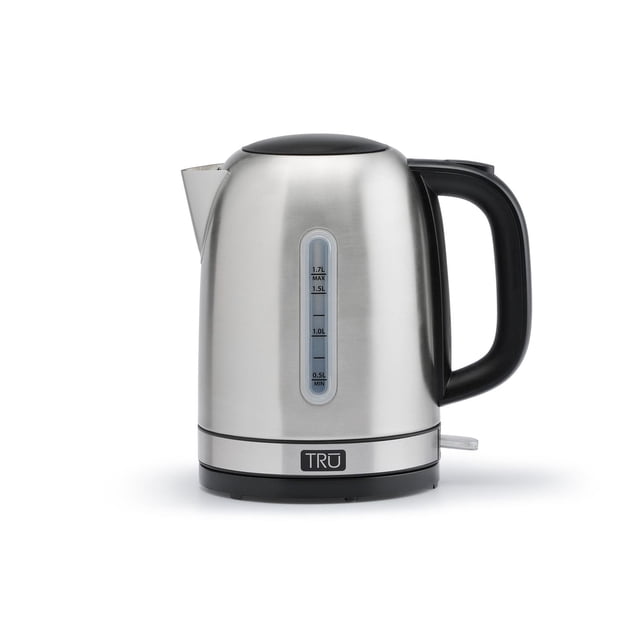 TRU 1.7L Stainless Steel Electric Kettle with brushed stainless steel body, black ergonomic handle, water-level window from 0.5L to 1.7L, safety locking lid, 360-degree swivel base, auto-off, and boil-dry protection for safe, cordless serving and fast boiling.