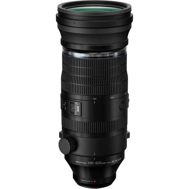 OM System M.ZUIKO DIGITAL ED 150-600MM F5.0-6.3 IS Lens in a centered front view, featuring a matte black telephoto zoom barrel with detailed focus and zoom rings, control switches, and weather-sealed design ideal for nature and wildlife photography with image stabilization.