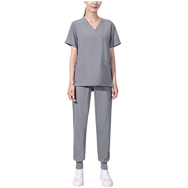 Ensemble de Sarraus pour Femmes, Haut de Sarrau à Col en V Extensible et Pantalon Jogger à Taille Élastique avec Multiples Poches, Anti-Froissement, Doux, Ensemble d'Uniforme d'Infirmière à Manches Courtes, Ensemble d'Uniforme de Travail, Gris