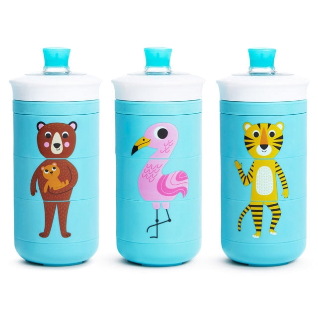 MU 9OZ TWIST ANIMAL soft spout sippy cups in blue with white lids, featuring twist-to-mix animal designs of a brown bear holding a cub, a pink flamingo, and a yellow tiger with black stripes, bite-proof and gentle on gums, fully disassembles for easy cleaning, ideal for baby feeding and nursing needs.