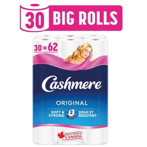 Cashmere Papier hygiénique hypoallergénique et septique sans danger, 30 Gros rouleaux = 62 Roulements simples