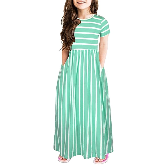 XIMIN Girls Summer Short Sleeve Striped Print Maxi Dress A-Line Flowy Casual Sundress with Pockets for School Party Beach Vacation Daily Wear (Green, 4-5 Years)