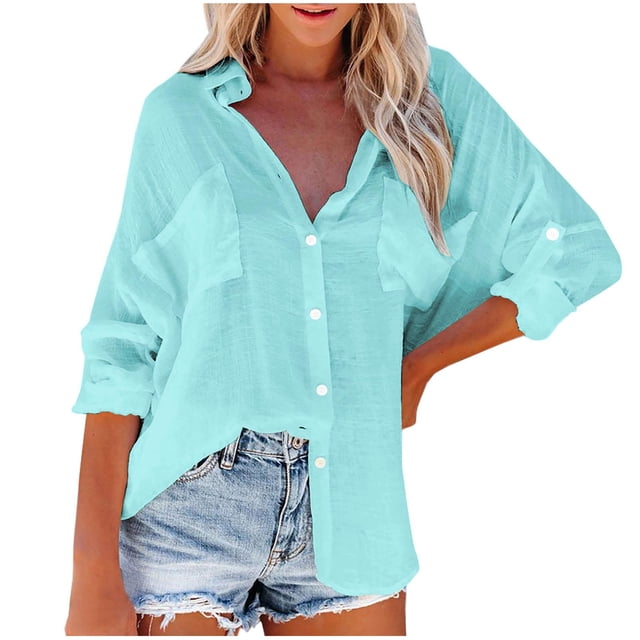 Timegard Womens Shirts Button down Tops Long Sleeve Lapel V Neck Blouse in a lightweight pastel aqua fabric, ideal for fall fashion. The blouse features a relaxed fit with button-down closure, long sleeves, and a lapel collar. Styled with rolled-up sleeves and paired with denim shorts for a casual yet chic look.