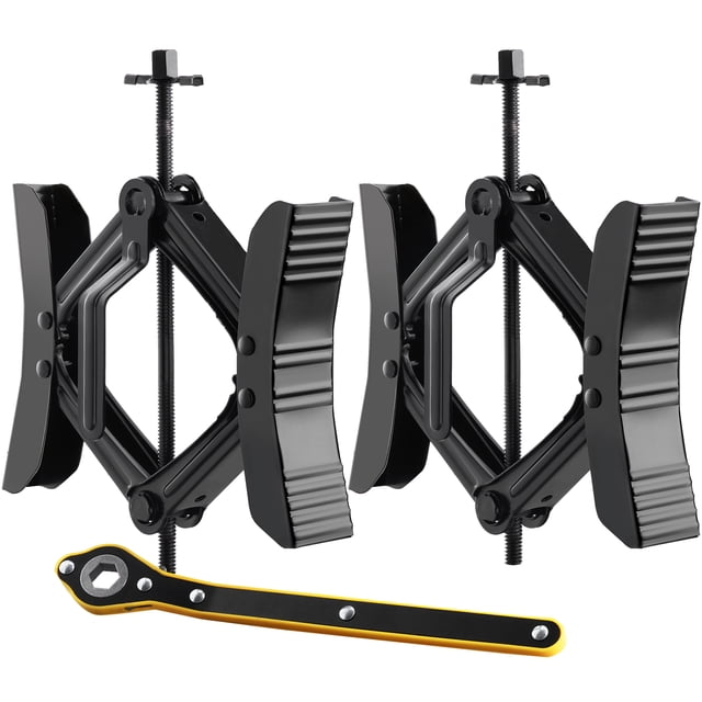 VEVOR H-Chock Wheel Stabilizer Trailer RV Tire Chock with Ratchet Wrench, a set of two durable carbon steel wheel chocks with electrostatic powder coating for rust resistance. Adjustable for tire spacing between 3.5 and 12 inches, ideal for stabilizing RVs, trailers, and trucks. Includes a ratchet wrench and hex socket for quick installation.