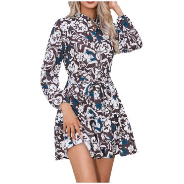 TJAZFJPA Robe Fendue Col Rond Manches Longues Boutonnée Lacée Robe Ligne A Fluide Mini Robe Florale Chemise Robes pour Femmes Robe d'Été pour Femmes