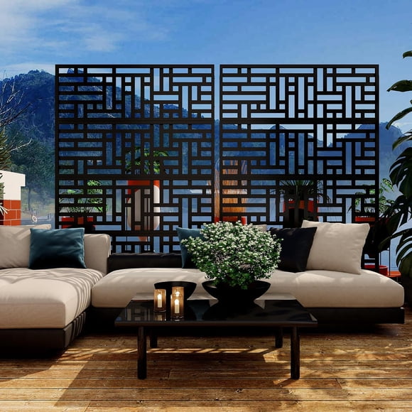 YUSAZENS Écran d'Intimité en Métal Fer à Motif Géométrique Noir 117x180cm Clôture Décorative de Jardin pour Cour Arrière Pelouse Séparation de l'Espace