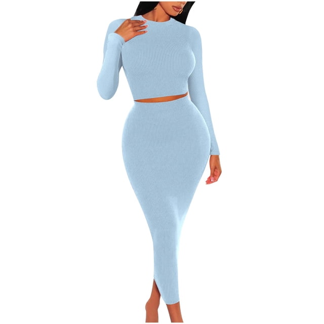 FAIWAD Ensemble 2 Pcs pour Femme en Tricot Côtelé Robe Haut Court à Manches Longues et Jupe Midi Ensemble Ajusté Extensible