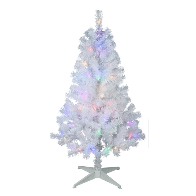 4-foot white Concord Pine artificial Christmas tree with built-in color-changing LED lights on a matching white stand.
