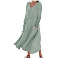 thumbnail image 2 of Robes d'Été Grande Taille Mode pour Femmes Manches Longues Couleur Unie Coton Lin Col Rond Robe avec Poches Combinaisons pour Femmes pour l'Été Chic en Liquidation, 2 of 5