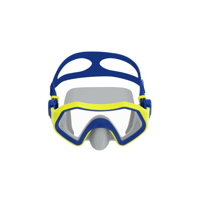 Athletic Works® Crusader Youth Swim Mask, Ages 7+ clear impact-resistant polycarbonate single lens with UV-protective coating. Flexible leak-resistant edge skirt and fully adjustable non-latex head strap for a secure youth fit; often used for beginner snorkeling.