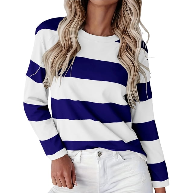ManxiVoo T-Shirt à Manches Longues pour Femme à Rayures Imprimées, Col Rond, Confortable, T-Shirt Graphique d'Automne, Blouse Légère, Taille g, Bleu Foncé