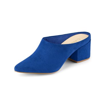 BLISSFUL STEP Women's Slides Block High Heels Slip on Pointed Toe Slide Mules Royal Blue 8.5