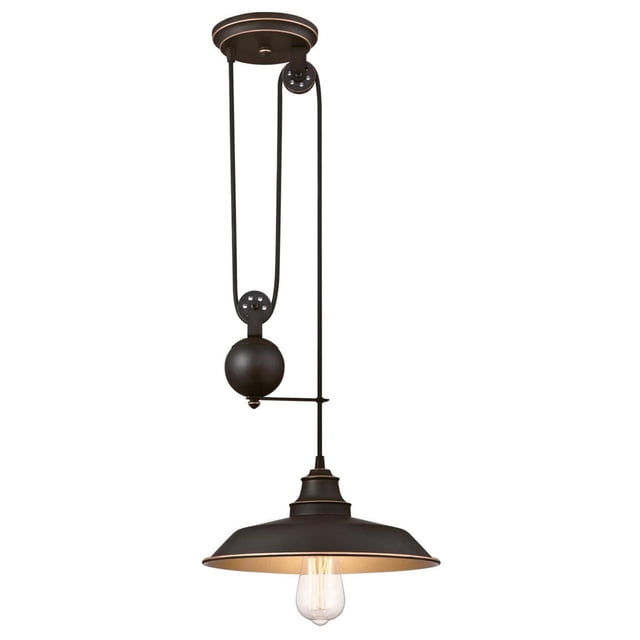 Westinghouse Iron Hill 1-Light Pulley Pendant with oil rubbed bronze finish and vintage industrial design, featuring an adjustable pulley system for customizable height and an exposed Edison bulb providing warm task or ambient lighting for indoor ceiling installation, ideal for farmhouse or transitional interiors.