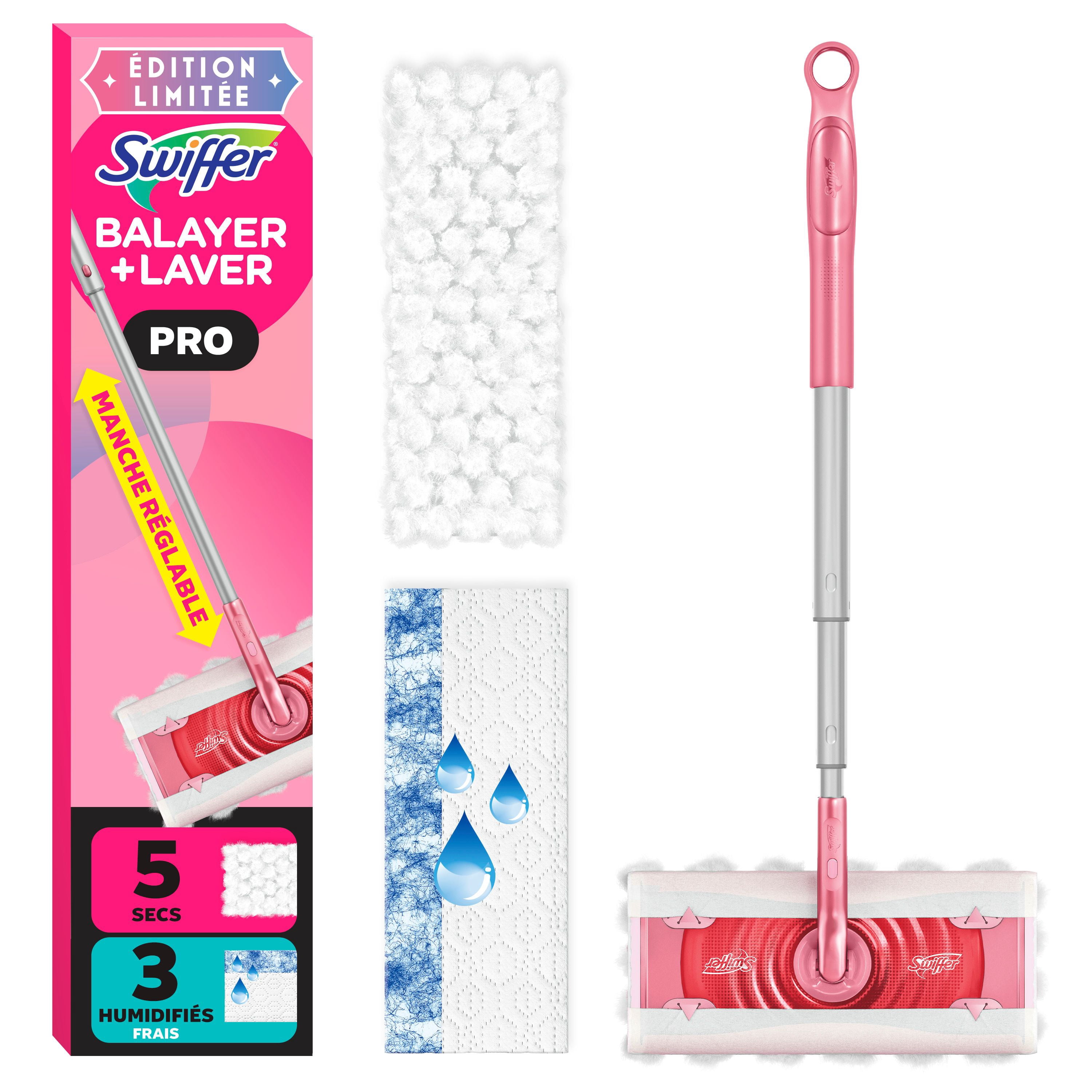 Swiffer Balayer et laver Pro, MÉCHANT SÉRIE Rose LIMITÉE, trousse pour balayage et de lavage 2 en 1 pour les planchers, trousse de nettoyage multi-surfaces, la trousse comprend 1 balai, 5 linges secs