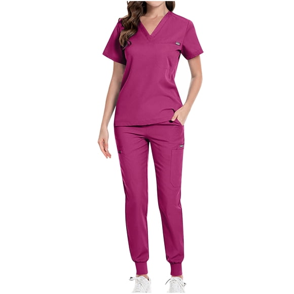Women's Scrubs Set, V-Neck Short Sleeve Top and Long Pants with Pockets, Lightweight Polyester Uniform for Medical, Nurse, or Caregiver