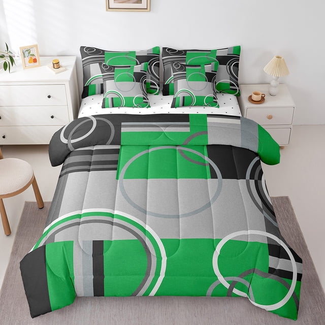 YST 7 Pcs Geometry Circles Spiral Comforter Set Modern Chic Black Grey White Down Comforter, Full Size (7 Count)