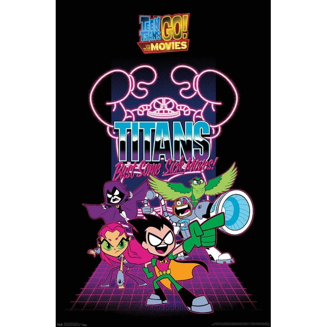 DC Comics Film Teen Titans Go! To The Movies - Affiche Murale de Groupe, 22,375 Pouces x 34 Pouces Mettant en Vedette des Personnages Teen Titans Animés Robin, Starfire, Corbeau, Cyborg et Garçon Bête en Forme d'Oiseau, avec Contour de Crabe Rose Néon et Texte « Titans BITS Sick MOUVENT! » sur Fond Noir avec Plancher à Grille Mauve, Convient à la Décoration Murale de Chambre Ou de Dortoir.