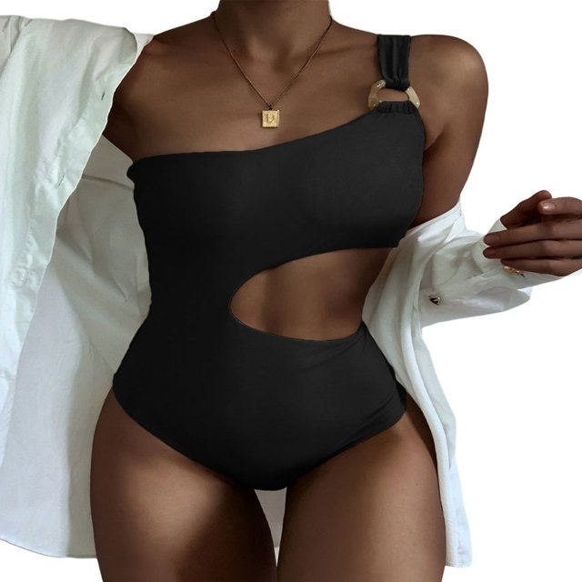 Women‘s Slim Monokini Solid Color One Shoulder Hollow One Piece Swimsuit Beach Bathing Suit