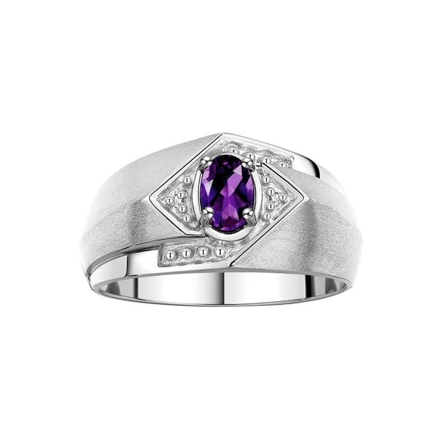 RYLOS Mens Rings Sterling Silver Ring 6X4MM Oval Shape Gemstone & Diamond Ring Amethyst February Birthstone Rings For Man Silver Rings, Size 9