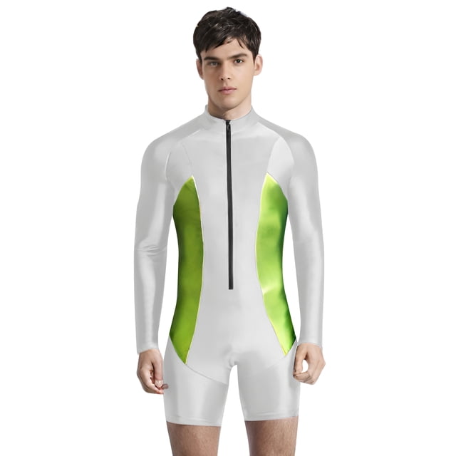 iefiel Men's Rash Guard Long Sleeve Swimsuit Stretchy Front Zipper One Piece Bathing Suit Surfing White L