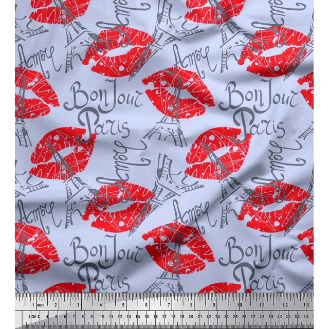 Soimoi Blue Cotton Cambric Fabric Text,Eiffel Tower & Lips Women Fabric Prints By Yard 56 Inch Wide