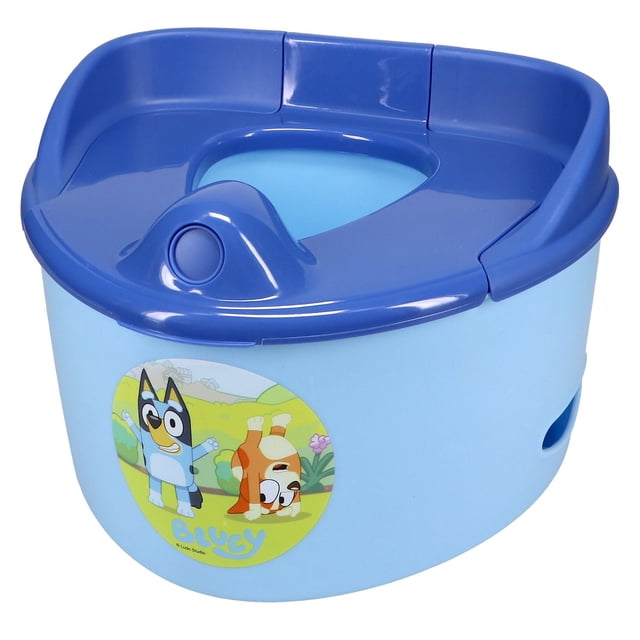 Bluey 3-in-1 Easy Clean Up Potty Trainer with Liner System in light blue with a darker blue removable lid and built-in splash guard, featuring a Bluey character sticker on the front and side handles, designed for potty training with a disposable liner system for easy cleanup.