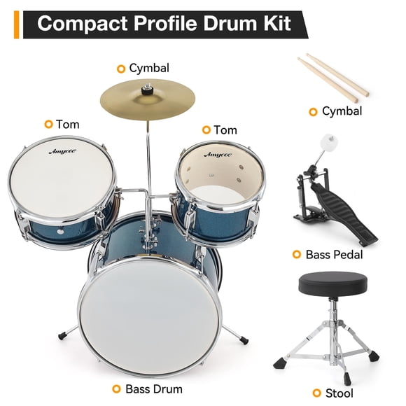 AKDSteel 3-Piece Drum Kit for Beginners, 14" Set with Snare, Tom, Bass Drum, Cymbal, Drumsticks & Adjustable Stool