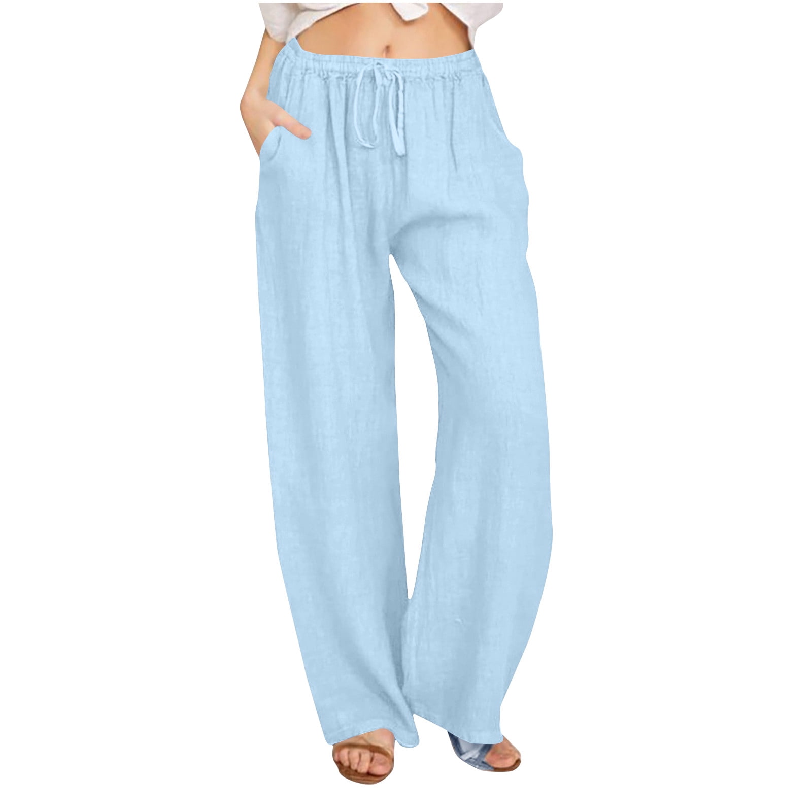 Timegard Cotton Linen Pants for Women Elastic Waist Drawstring Fall Travel Casual Pants with Pockets